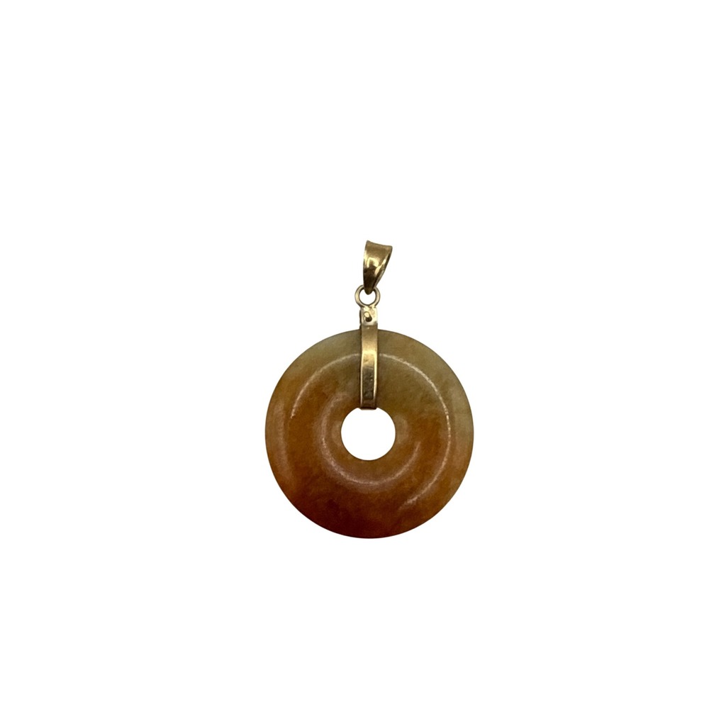 14K Gold Jade Pendant Red Jadeite Donut Pi Disc Vintage Fine